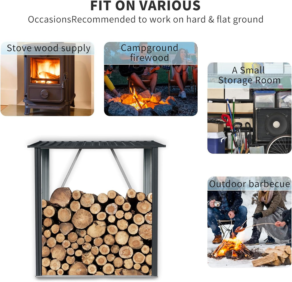 JT 5 x 3 FT Metal Firewood Rack, Galvanised Steel Garden Log Storage Shed, Metal Firewood Shed Holder, Outdoor Log Rack for Backyard, Black