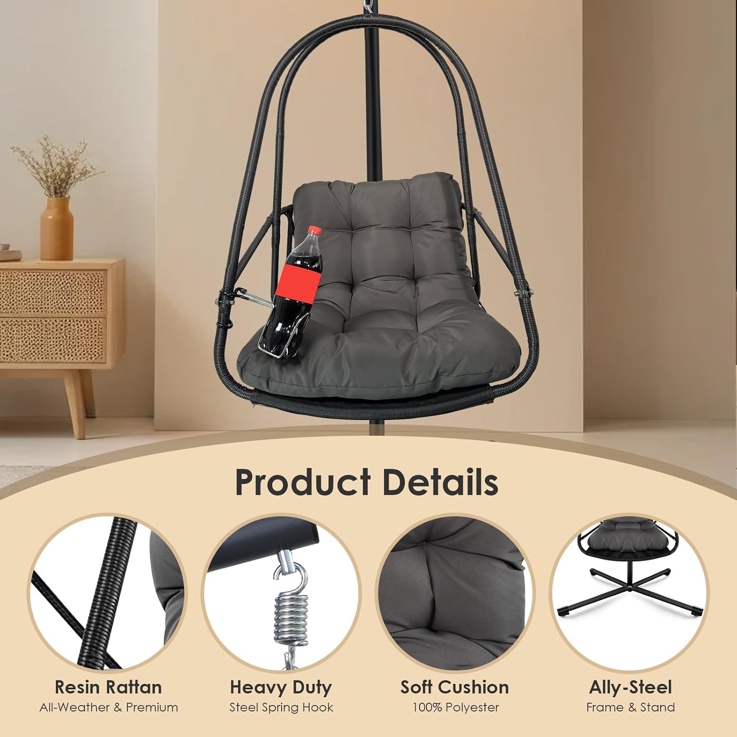 JESE Swing Egg Chair with Stand Foldable Frame Hanging Chairs for Indoor Outside,with UV Resistant Waterproof Cushion and Cup Holder,Swing Hammock Chairs for Patio,Bedroom,Balcony, Garden-350lbs BLACK