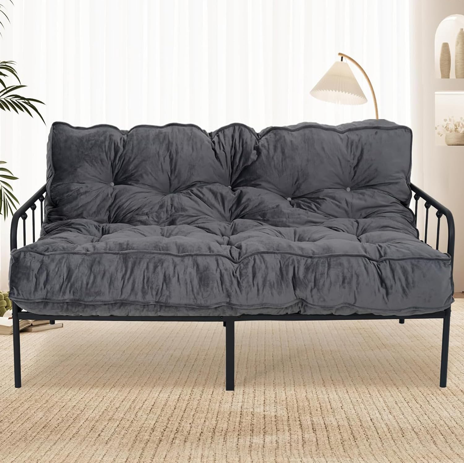 8' Queen Size Futon Mattress Sofa Bed, Extra Thick Foldable Floor Mattress, Shredded Foam Filling for Adults/Teens/Pets with No Assembly Needed, Frame Not Included - Dark Grey