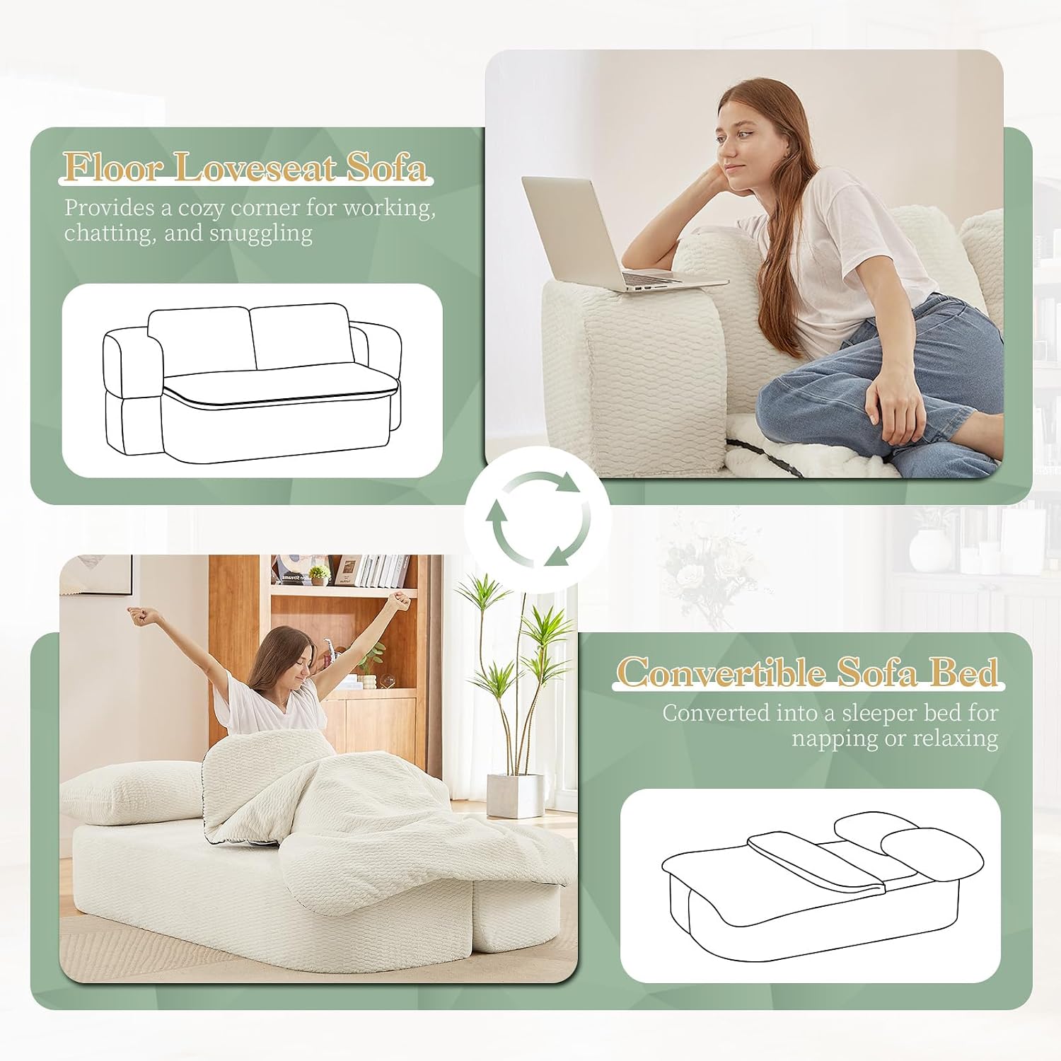 Futon Sofa Bed with Blanket, Convertible Folding Boneless Compressed Faux Fur Memory Foam Floor Loveseat Sleeper Sofa Couch Full Size Bed with Pillows for Guest Room Living Room Small Space, Beige