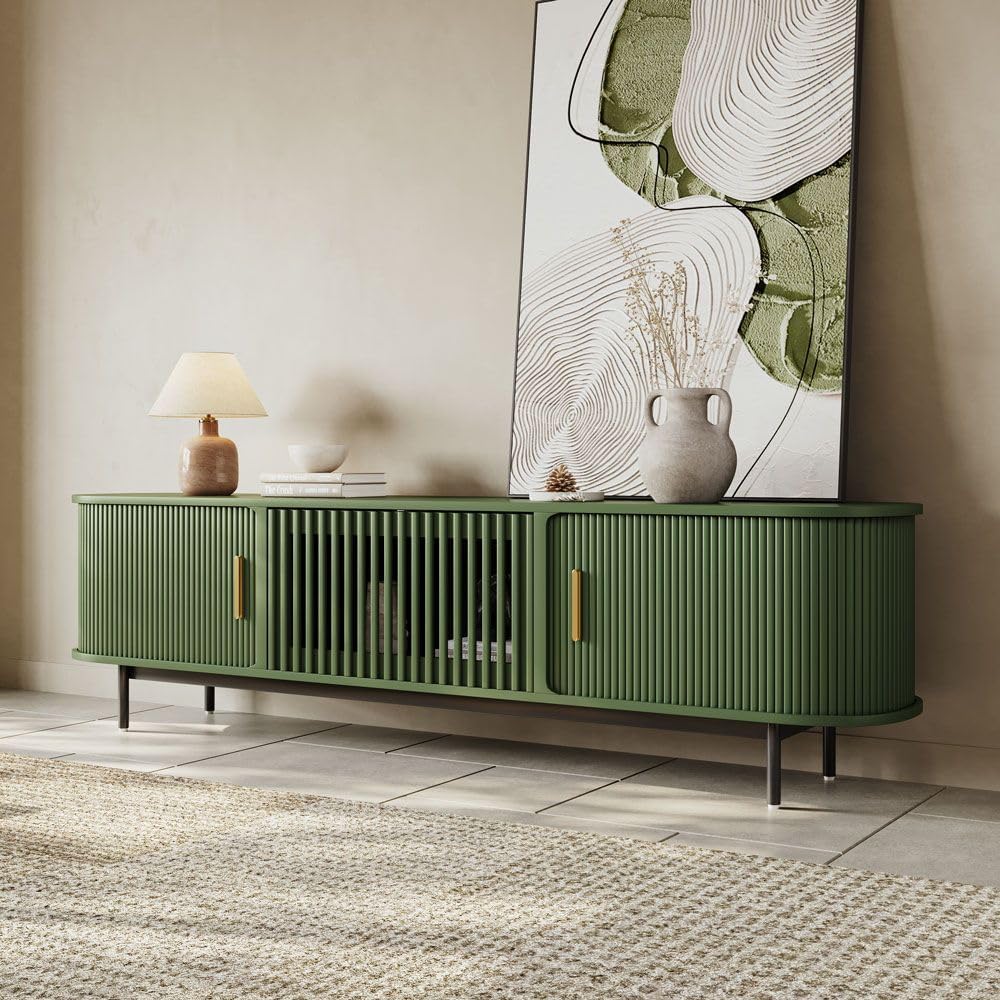 POVISON Fully-Assembled Modern Green TV Stand with Tambour Doors, Fluted TV Media Console for 75 Inch TVs, Sliding Door Entertainment Center with Storage for Living Room (Green, 78.74')