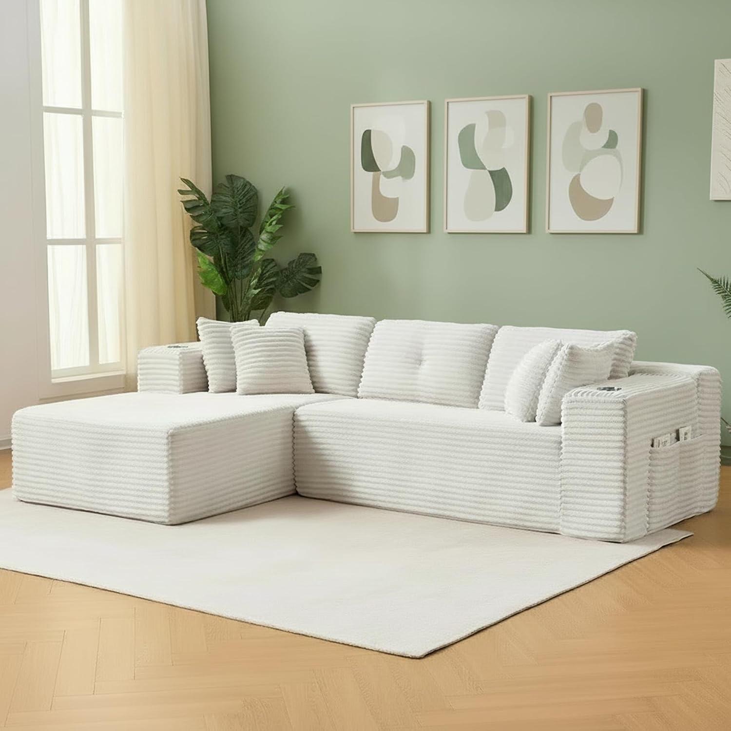Modular Sectional Sofa, 105' L Shaped Comfy Cloud Couch with Deep Seat, Boneless Couch for Living Room, Corduroy Modular Sofa with Chaise and Cup Holders, No Assembly Required, Beige