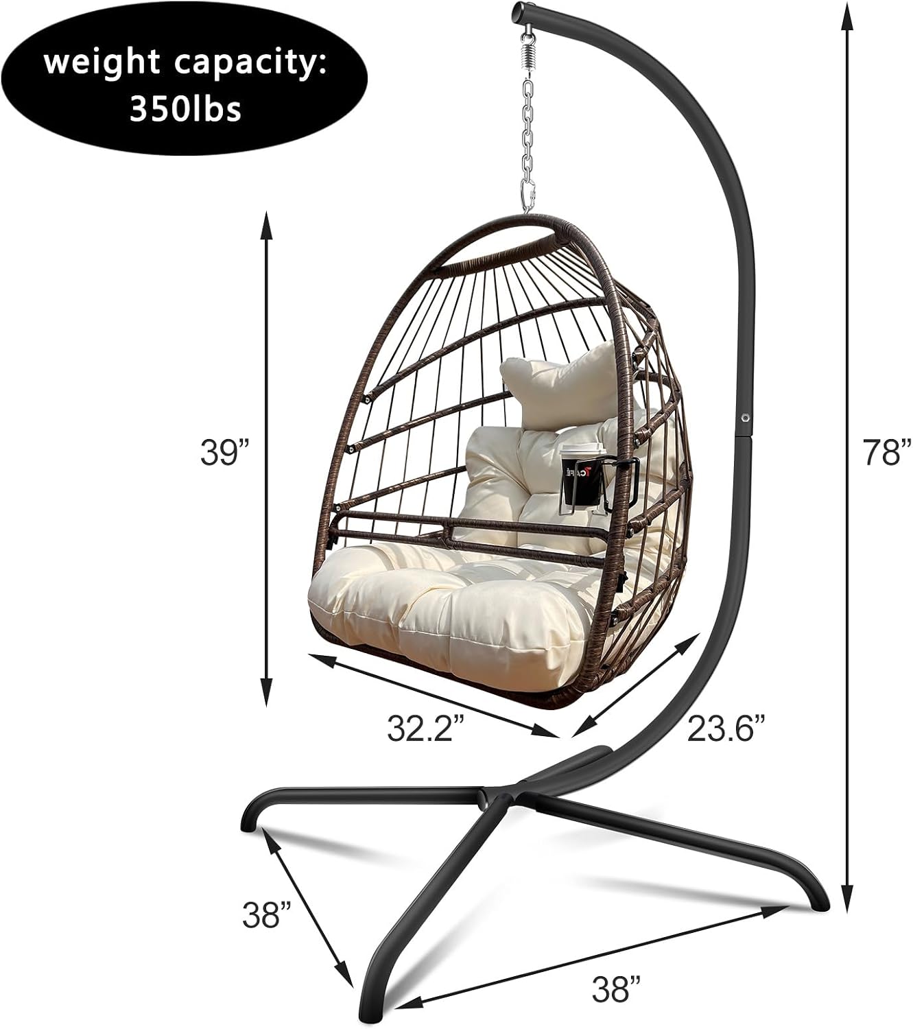 JESE Swing Egg Chair with Stand Wicker Wrap Frame UV Resistant Waterproof Cushion Hanging Chairs with Cup Holder 350lbs Capacity Swing Hammock Chairs for Patio Bedroom Indoor Outside-Khaki