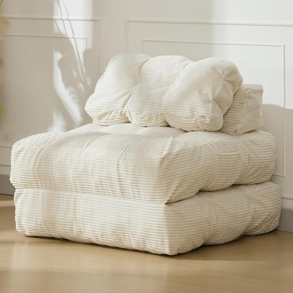 Folding Sofa Bed, 3-in-1 Convertible Sleeper Chair with Pillow, Single Futon Couch Bed with Back Support, Portable Fold Out Chair Bed Comfy Floor Sofa Lounge for Living Room Bedroom, Beige