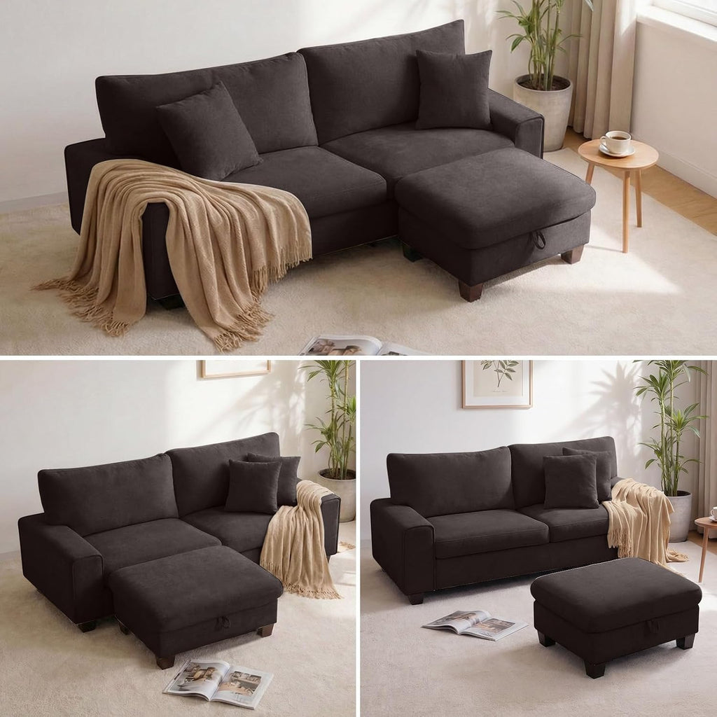 DOPEDIO L-Shaped Sectional Sofa with Storage Ottoman, Modern Chenille Recliner Loveseat, Removable Couch Covers, Pocket Spring Cushions, Solid Wood Frame, Easy to Install (88.58inch, Dark Grey)