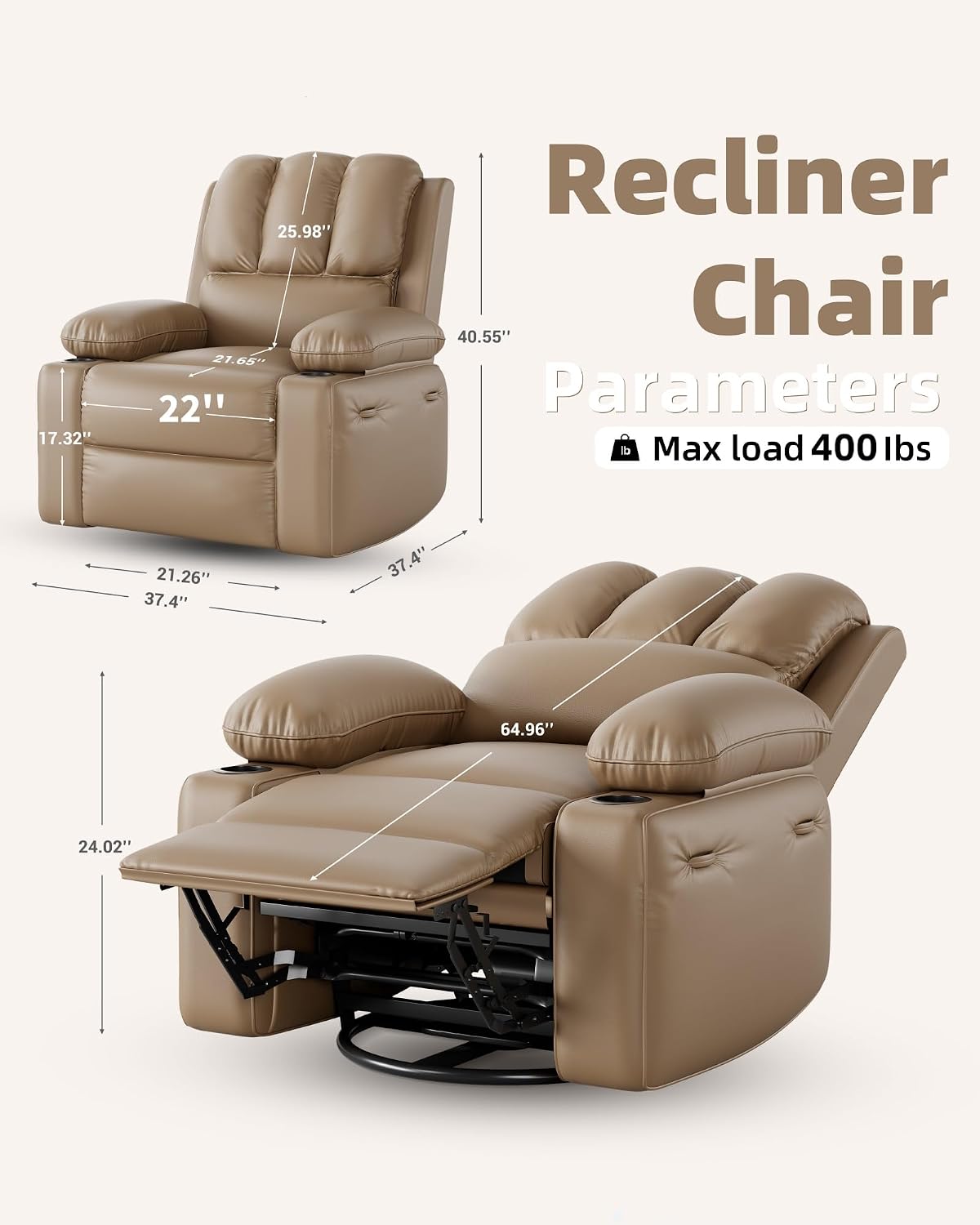 22 in Leather Recliner Chair for Adults, Overstuffed Manual Recliner Chair, Single Sofa with Cup Holder and Side Pockets, Upholstered Chair for Living Rooms, Tan