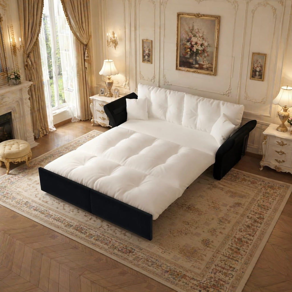 3-in-1 Multi-Functional Sleeper Sofa Bed Convertible Queen Size Pull Out Couch Bed, Tufted Velvet Cloud Loveseat with Pillow Armrest for Guest Room & Living Room