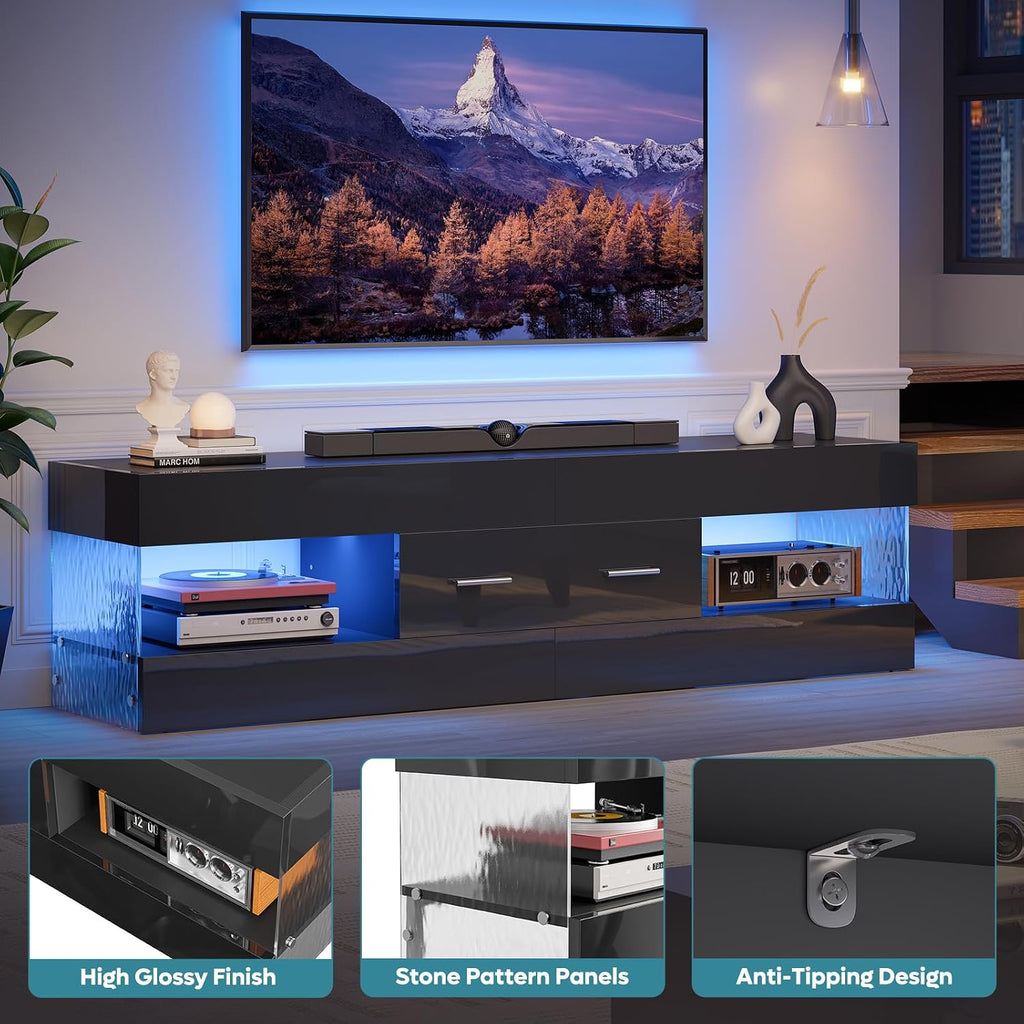 Bestier Black TV Stand for 55/60/65 Inch TV, High Gloss Modern TV Stand with Stone-Patterned Side Panels, LED Entertainment Center with Large Drawer, TV Consoles for Living Room, Bedroom