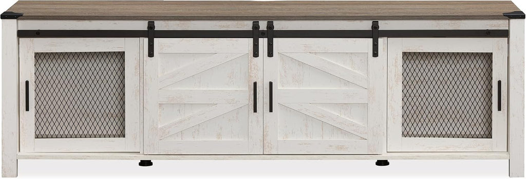 WAMPAT Farmhouse TV Stand for ups to 75 inch TV, Wooden Entertainment Center with Mesh Barn Doors, Media Console with Storage Shelf for Living Room Bedroom, Rustic Oak and White