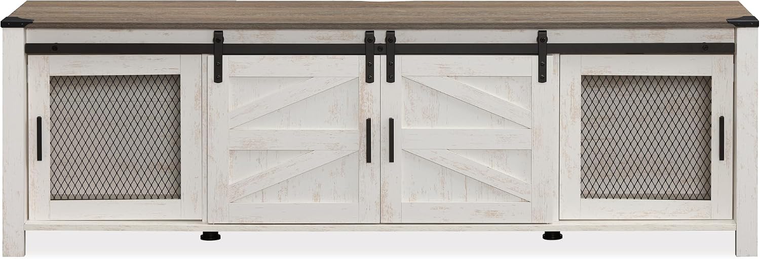 WAMPAT Farmhouse TV Stand for ups to 75 inch TV, Wooden Entertainment Center with Mesh Barn Doors, Media Console with Storage Shelf for Living Room Bedroom, Rustic Oak and White