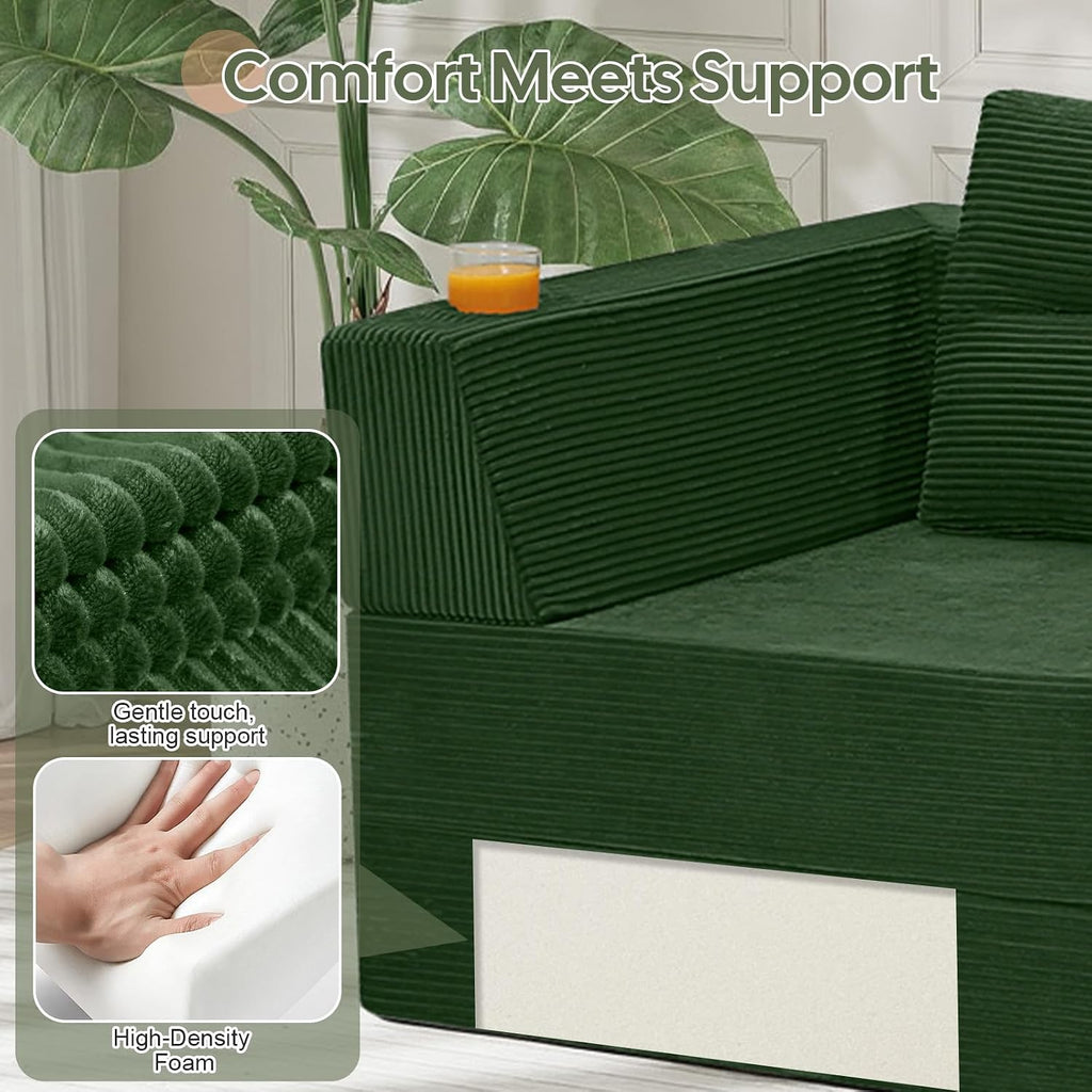 COMAX Futon Sofa Bed 3 Seater, 106' Convertible Sofa Bed Couches for Living Room, 4 in 1 Folding Boneless Sleeper Corduroy Couch Foam in a Box, Comfy Foldable Lounge Fold Out Floor Mattress, Green