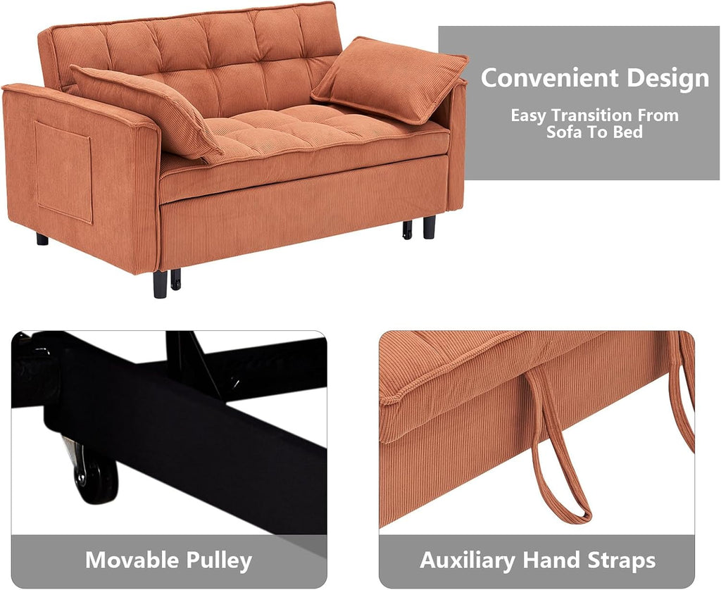 3 in 1 Convertible Sleeper Sofa Bed,Futon Pull Out Couch with Adjustable Backrest,Velvet Fabric Loveseat Sofa with Side Pocket for Bedroom, Living Room (Orange)