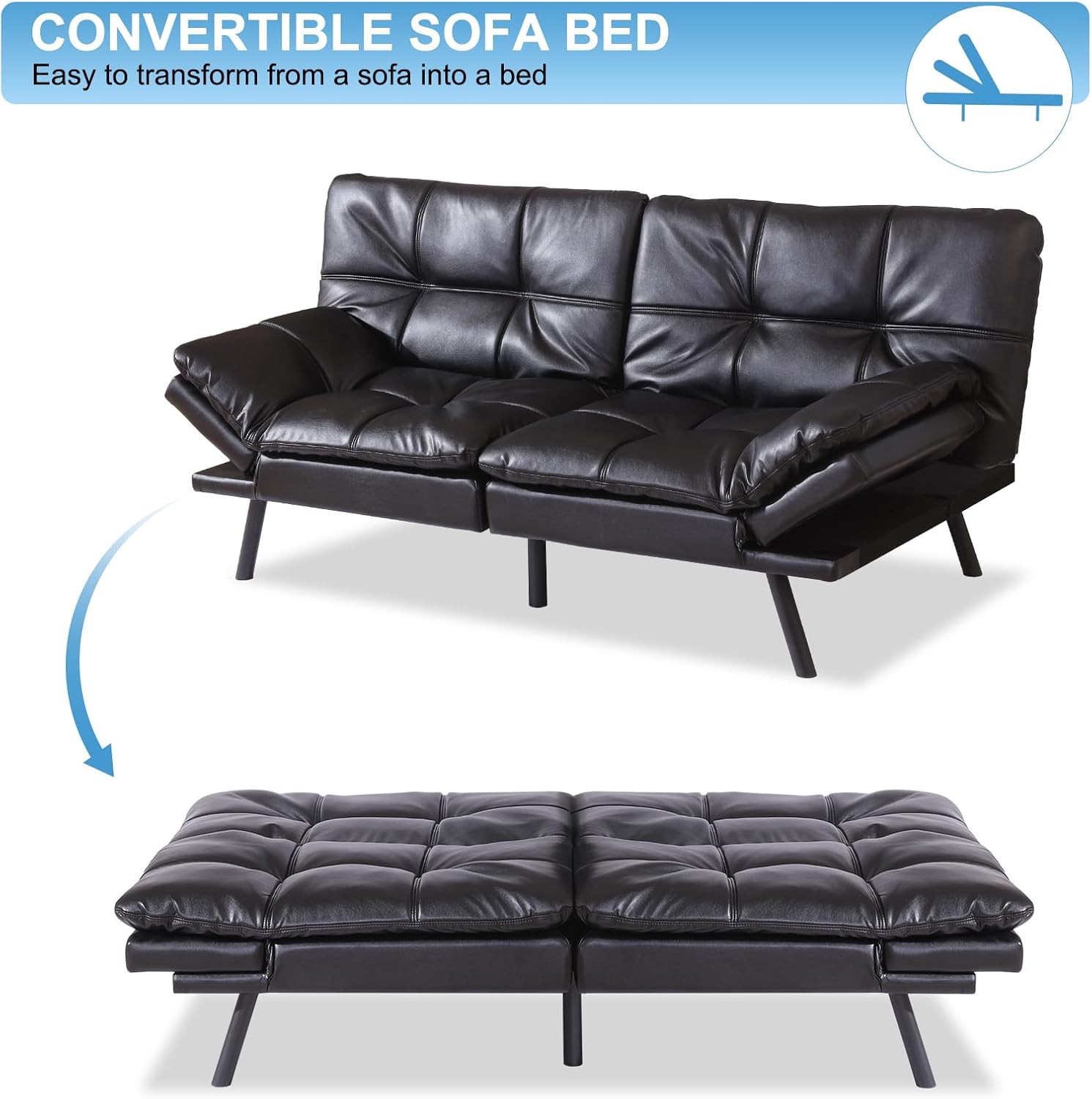 MUUEGM Futon Sofa Bed Couch Sofa, Memory Foam Futon Sleeper Sofa Loveseat Convertible Couch Bed for Small Compact Spaces, Apartment, Black
