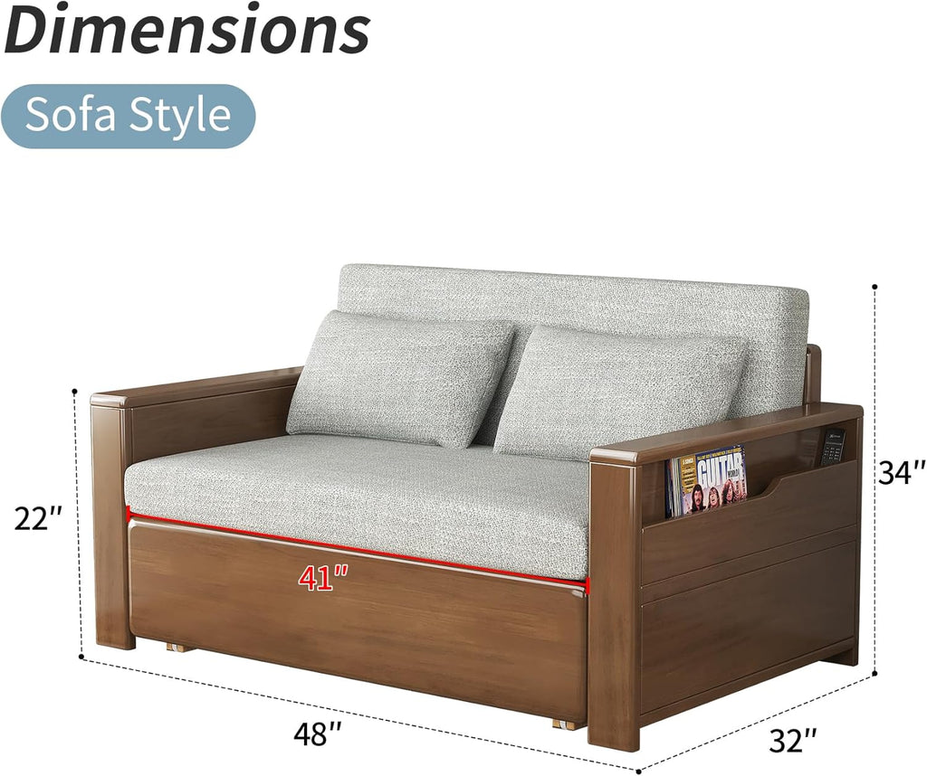 48'full double size grey cushion convertible sofa sleeper with storage,sectional sleeper sofa with reversible chaise,wood sofa bed 3 in 1 pull out couch bed for livingroom,apartment,bedroom,office