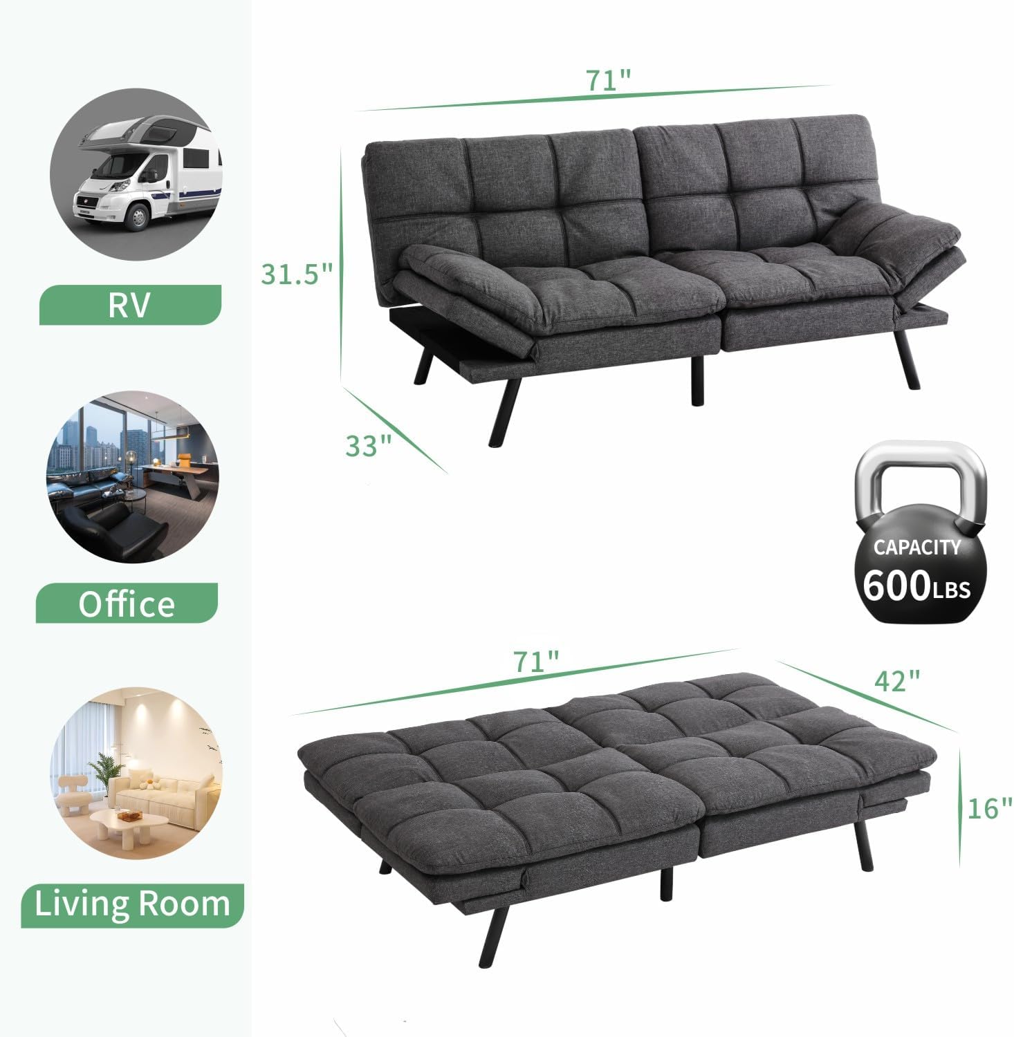 MUUEGM 71' Futon Sofa Bed, Convertible Couch Filled with Memory Foam, Modern Loveseat with Adjustable Backrest&Armrest, Sofas for Living Room,Game Room,Dormitory,Office.Grey Fabric