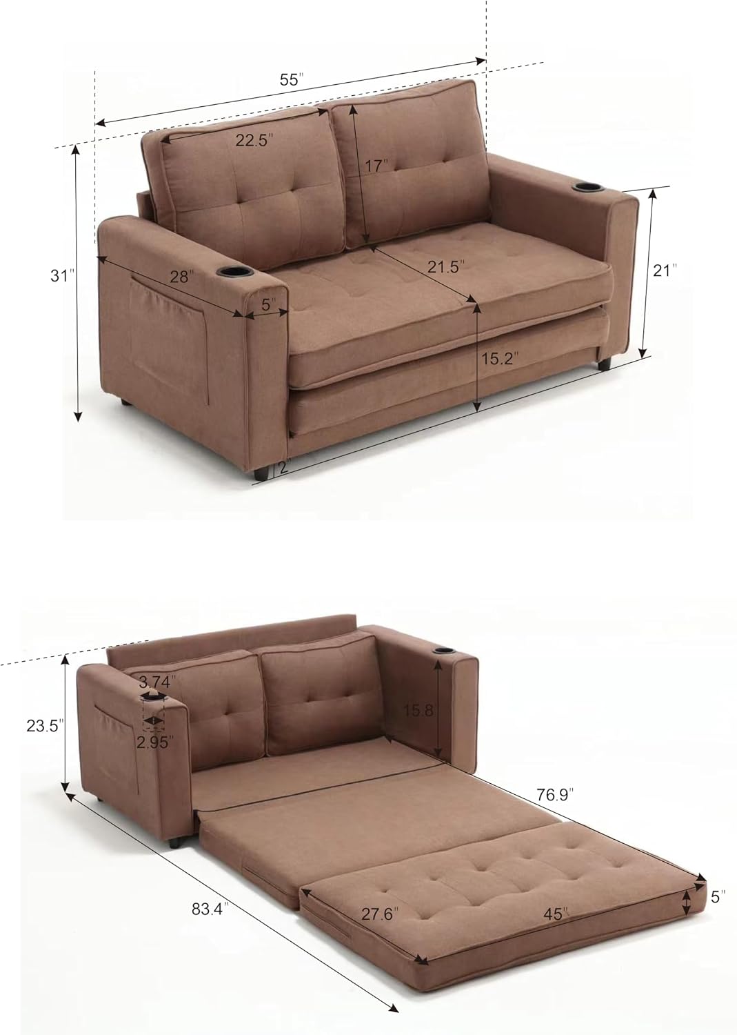 Merax Folding Sofa Bed with 2 Storage Pockets, Linen Convertible Couch Bed with Cup Holders, Loveseat Sleeper Sofa, Folding Couch Bed for Small Spaces for Living Room, Apartment, Brown