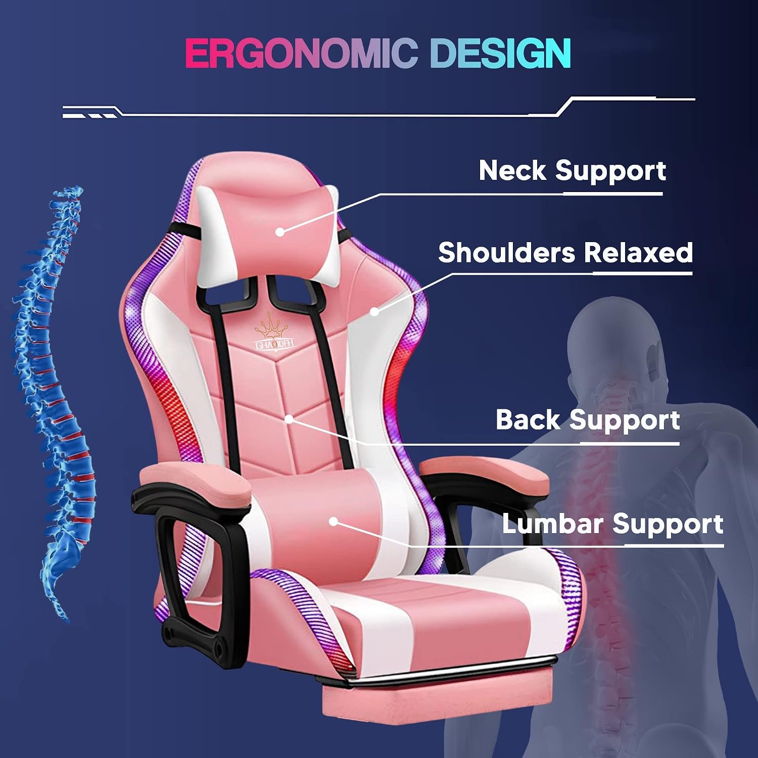 RGB Gaming Chair with Footrest and Speakers Ergonomic Massage Office Chair Lumbar Support Racing Game Chair Adjustable Height PU Leather Computer Chair for Adults Teens,Black