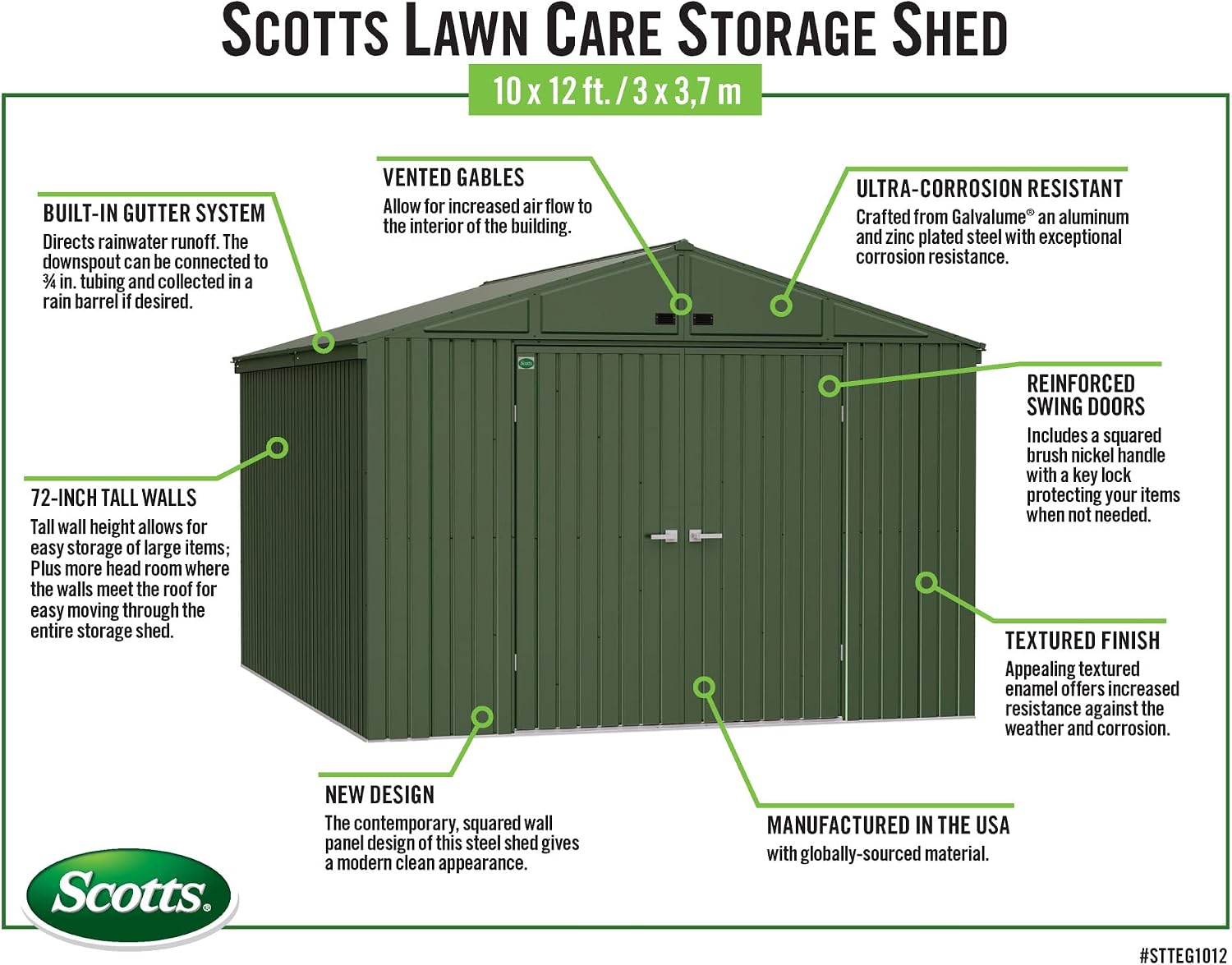 Scotts 10' x 12' Outdoor Lockable Water-Resistant Steel Storage Shed Building with Tool Hanger and Gable Roof, Green