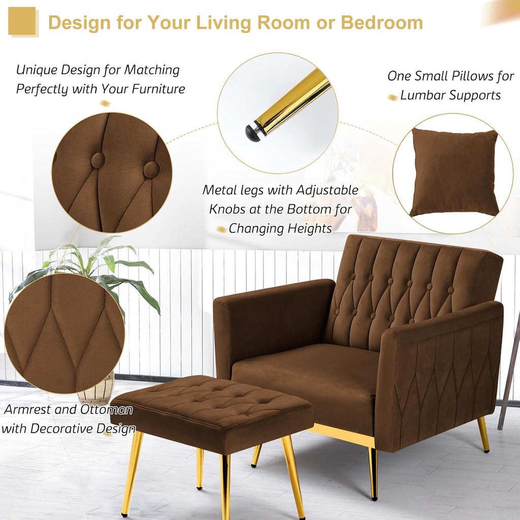 2 Pieces Velvet Sofa Set with Adjustable Armrest and Backrest, 70' Convertible Futon Sofa Bed & Mordern Accent Chair with Ottoman for Living Room, Bedroom, Brown