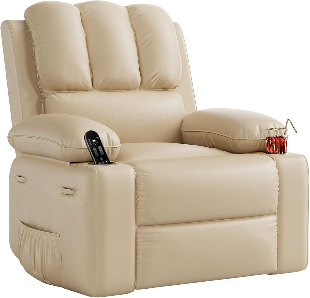 27'' Oversized PU Leather Recliner Chair for Adults, 400lbs Capacity, Manual Reclining Sofa with Cup Holder & Side Pockets, Wide Seat Living Room Chair, Easy Assembly