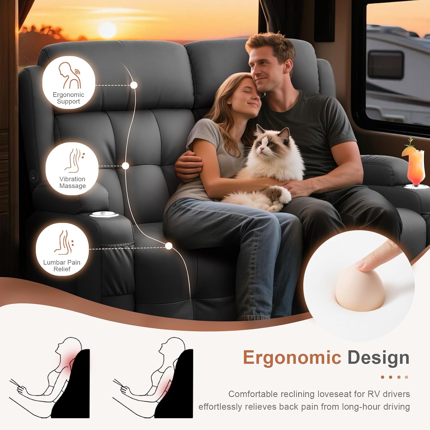 RV Loveseat Recliner Sofa, Massage Wall Hugger Recliners Couch with USB Port, Side Pockets, Cup Holders, 150° Reclining Sleeper, for RV Furniture & RV Camper & Home Theater Seating