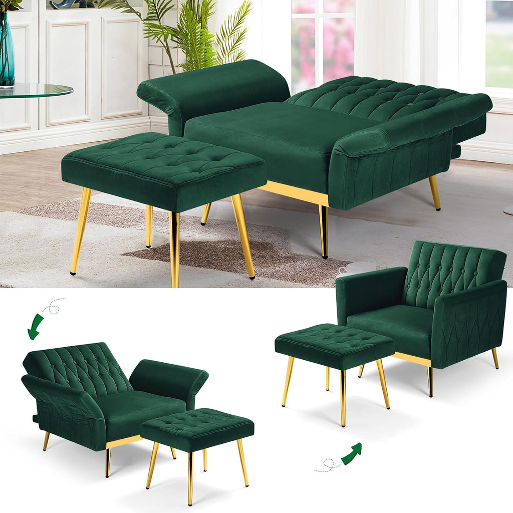 2 Pieces Velvet Sofa Set with Adjustable Armrest and Backrest, 70' Convertible Futon Sofa Bed & Mordern Accent Chair with Ottoman for Living Room, Bedroom, Green