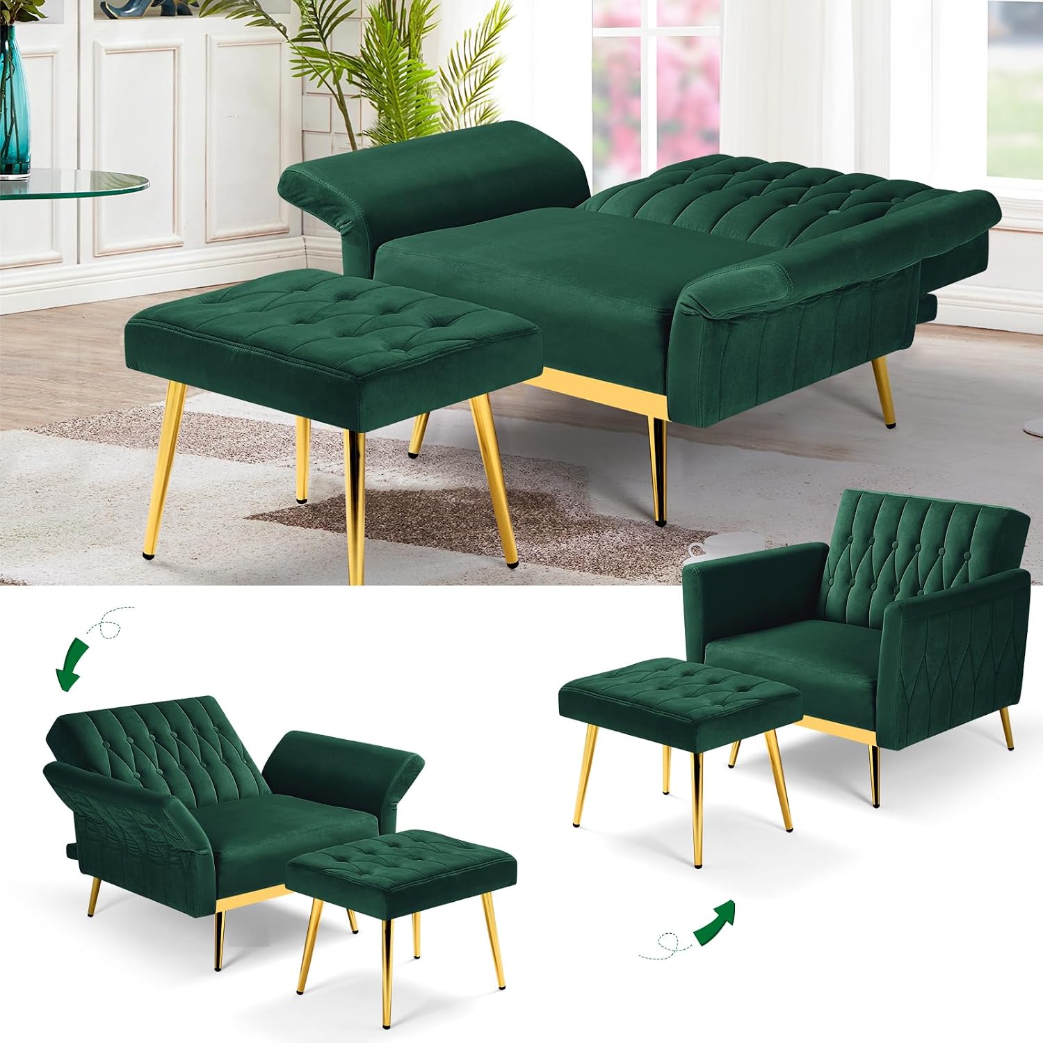 2 Pieces Velvet Sofa Set with Adjustable Armrest and Backrest, 70' Convertible Futon Sofa Bed & Mordern Accent Chair with Ottoman for Living Room, Bedroom, Green