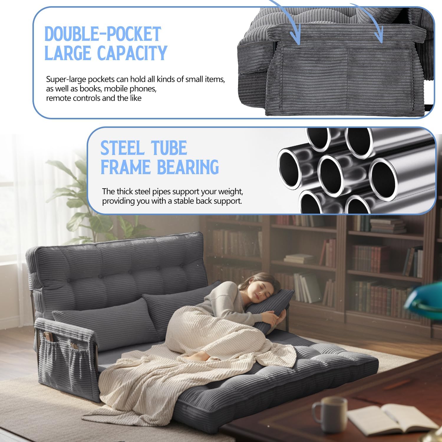 Convertible Futon Sofa Bed with Adjustable Backrest Pillows,Folding Loveseat Sleeper Sofa,Corduroy Pull Out Couches with Side Pocket for Living Room Bedroom Lounge,Grey