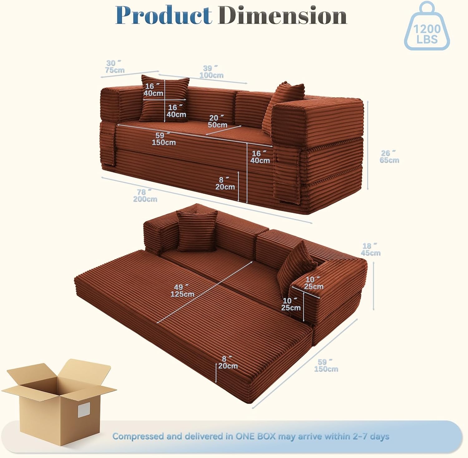 Convertible Sofa Bed,5-in-1FoldIing Couch Bed with Removable Armrests,Modular Futon Sleeper Sofa in Box with Pull Out Beds,Compression Boneless Couch for Living Room,Orange