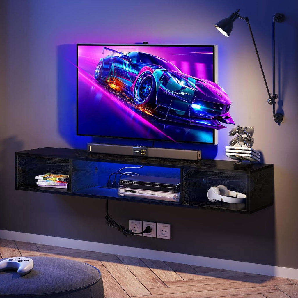 Rolanstar TV Stand with Power Outlet, Floating TV Stand with RGB Lights, 47.2' Wall Mounted TV Shelf, Black Media Console with Storage Shelf, Entertainment Under TV for Living Room, Bedroom