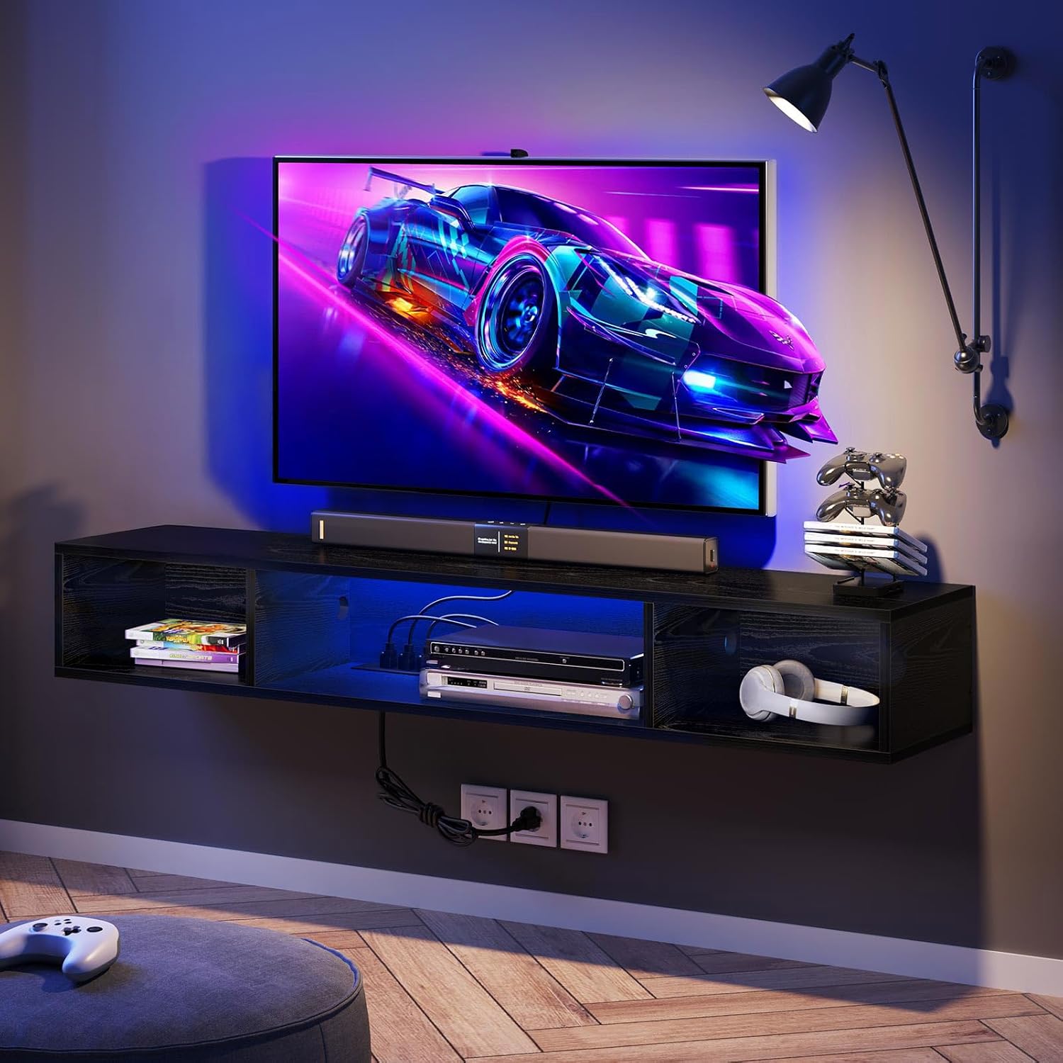Rolanstar TV Stand with Power Outlet, Floating TV Stand with RGB Lights, 47.2' Wall Mounted TV Shelf, Black Media Console with Storage Shelf, Entertainment Under TV for Living Room, Bedroom