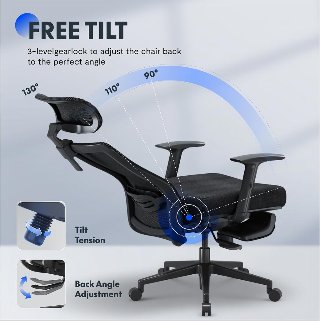 FLEXISPOT OC3 Air Ergonomic Office Chair with Footrest, High Back Computer Chair with Adjustable Lumbar Support/3D Headrest, Desk Chairs for Home Office Gaming Working, Black,Mesh Seat,Air-F
