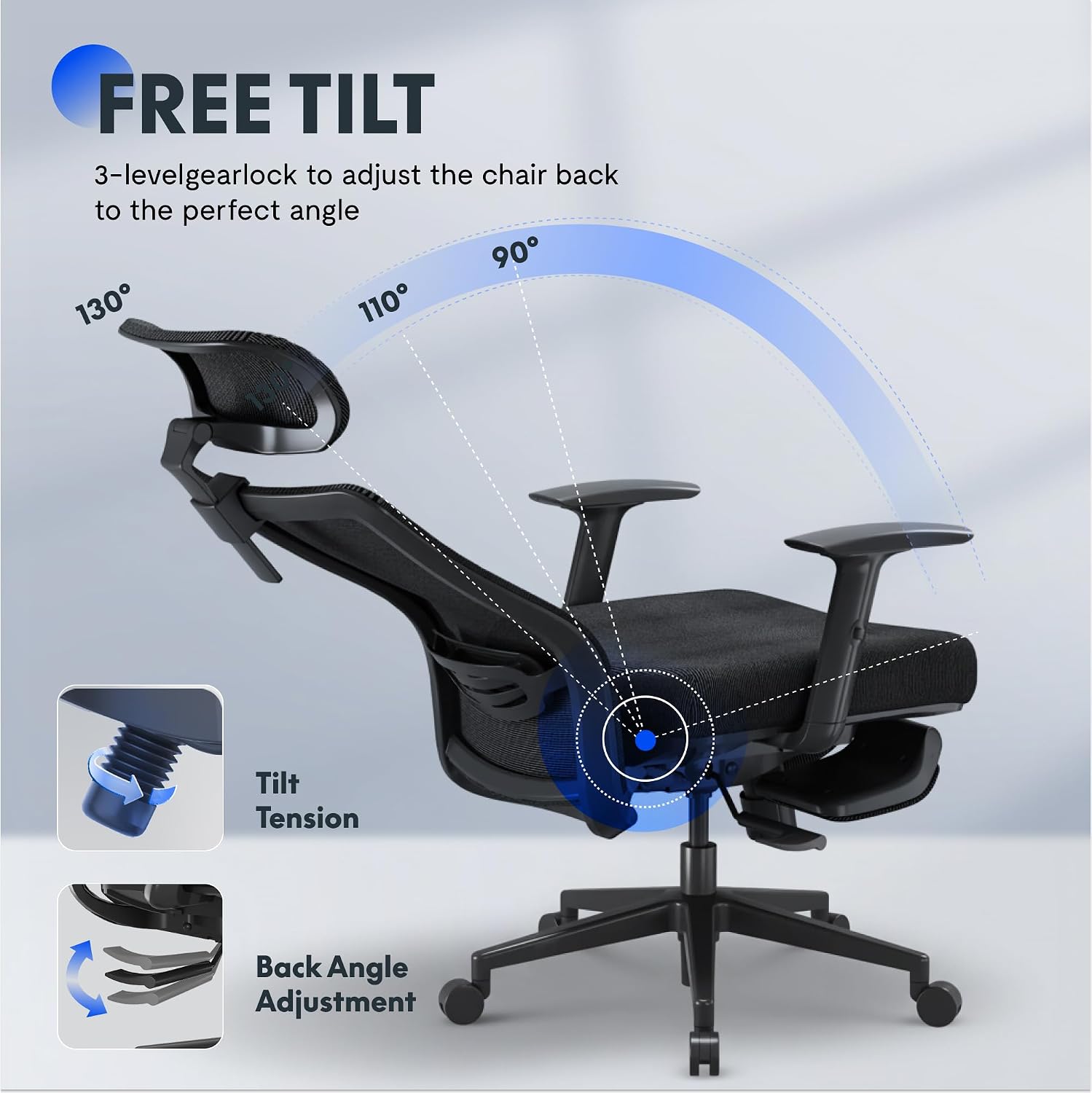FLEXISPOT OC3 Air Ergonomic Office Chair with Footrest, High Back Computer Chair with Adjustable Lumbar Support/3D Headrest, Desk Chairs for Home Office Gaming Working, Black,Mesh Seat,Air-F