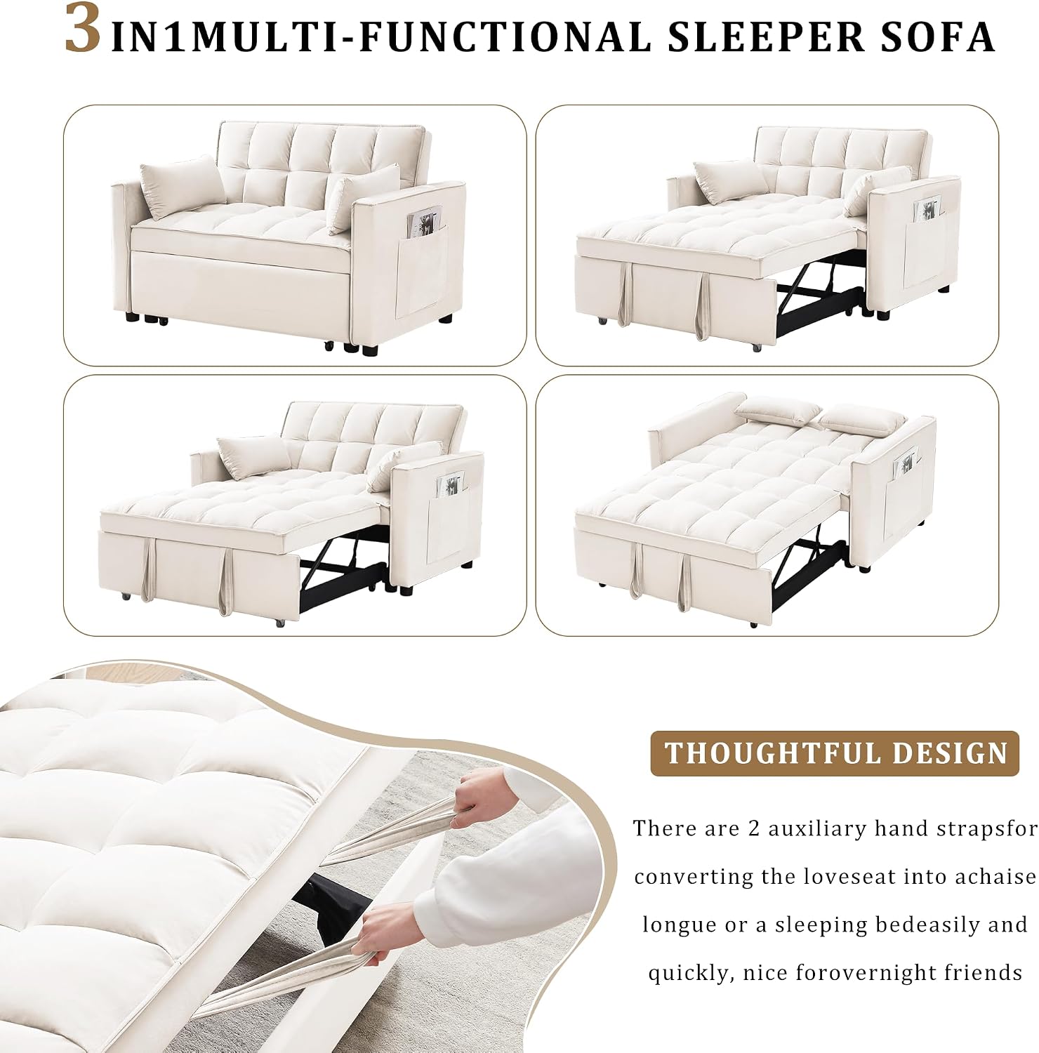 Oversized 3-in-1 Convertible Sleeper Sofa Bed, Futon Couch with Pullout Bed, 2-Seater Loveseat Sofa w/Pockets, Adjustable Backrest and Pillows for Living Room Apartment (White-55inch)