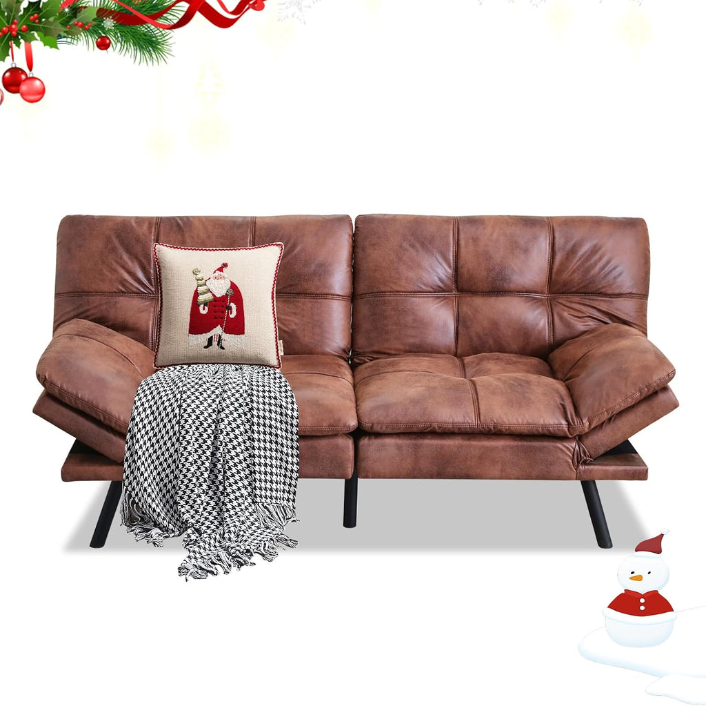 MUUEGM 71' Futon Sofa Bed, Convertible Couch Filled with Memory Foam, Modern Loveseat with Adjustable Backrest&Armrest, Sofas for Living Room,Game Room,Dormitory,Office.Brown Leather
