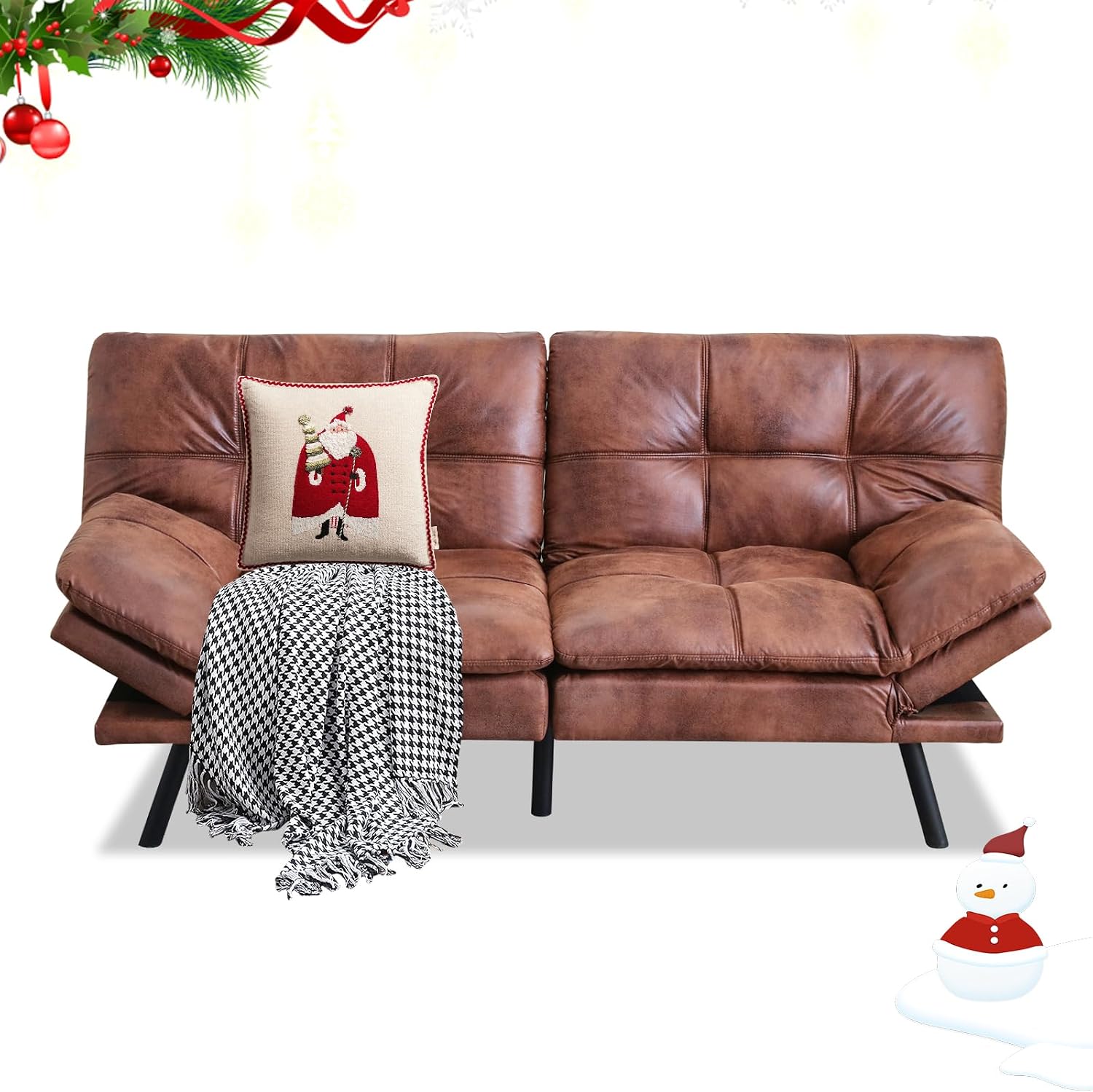 MUUEGM 71' Futon Sofa Bed, Convertible Couch Filled with Memory Foam, Modern Loveseat with Adjustable Backrest&Armrest, Sofas for Living Room,Game Room,Dormitory,Office.Brown Leather
