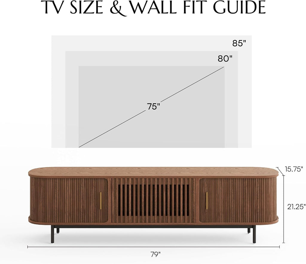 POVISON Fully-Assembled Mid Century Modern TV Stand for 75 inch TV, Sliding Door Entertainment Center with Storage, Wood TV Console, Media Console for Living Room Bedroom(Walnut, 78.74')