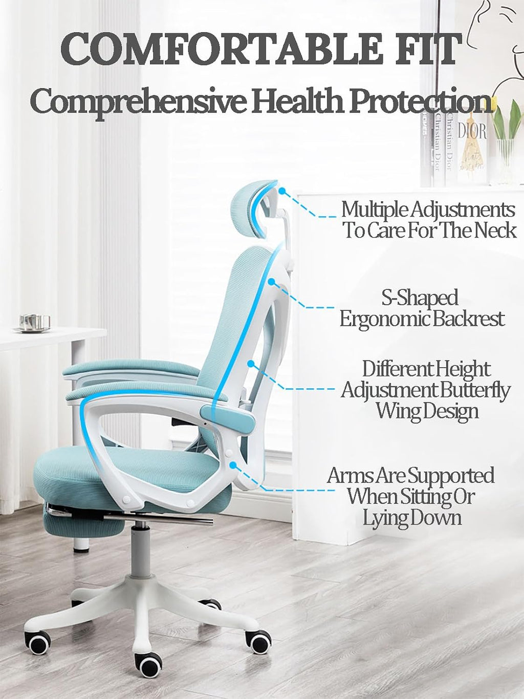 Big and Tall Gaming Chairs for Adults with Footrest Ergonomic Office Chair Computer Chair with Lumbar Support Swivel Seat Height Adjustable Computer Chair with Headrest 62x49x121cm Blue