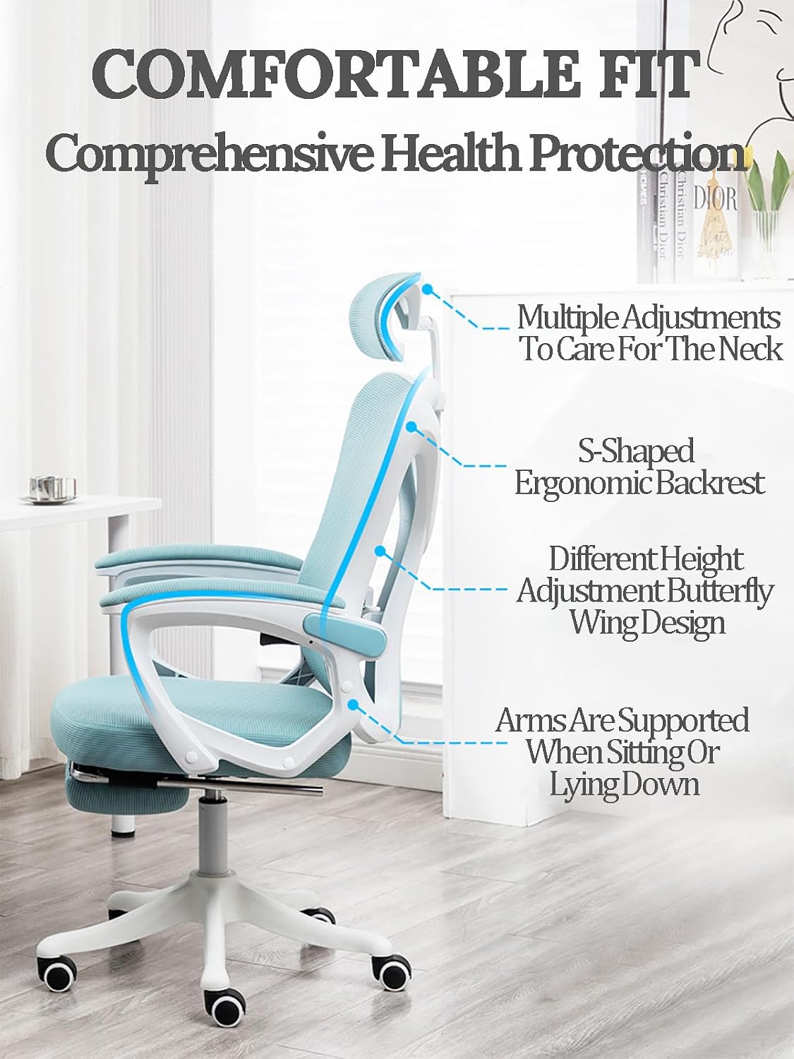 Big and Tall Gaming Chairs for Adults with Footrest Ergonomic Office Chair Computer Chair with Lumbar Support Swivel Seat Height Adjustable Computer Chair with Headrest 62x49x121cm Blue