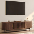 POVISON Fully-Assembled Mid Century Modern TV Stand for 65 inch TV, Sliding Door Entertainment Center with Storage, Wood TV Console, Media Console for Living Room Bedroom(Walnut, 70.87')