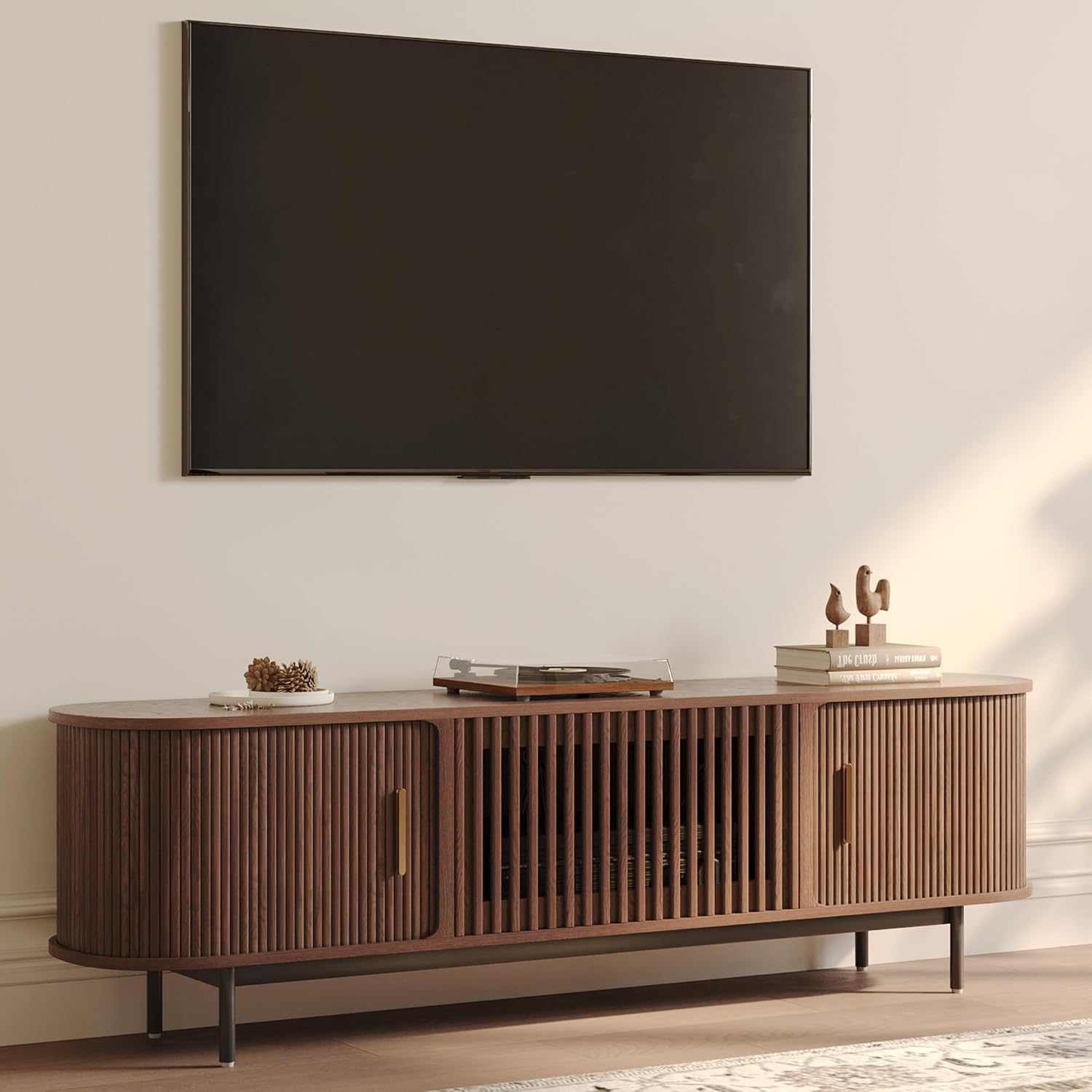 POVISON Fully-Assembled Mid Century Modern TV Stand for 65 inch TV, Sliding Door Entertainment Center with Storage, Wood TV Console, Media Console for Living Room Bedroom(Walnut, 70.87')