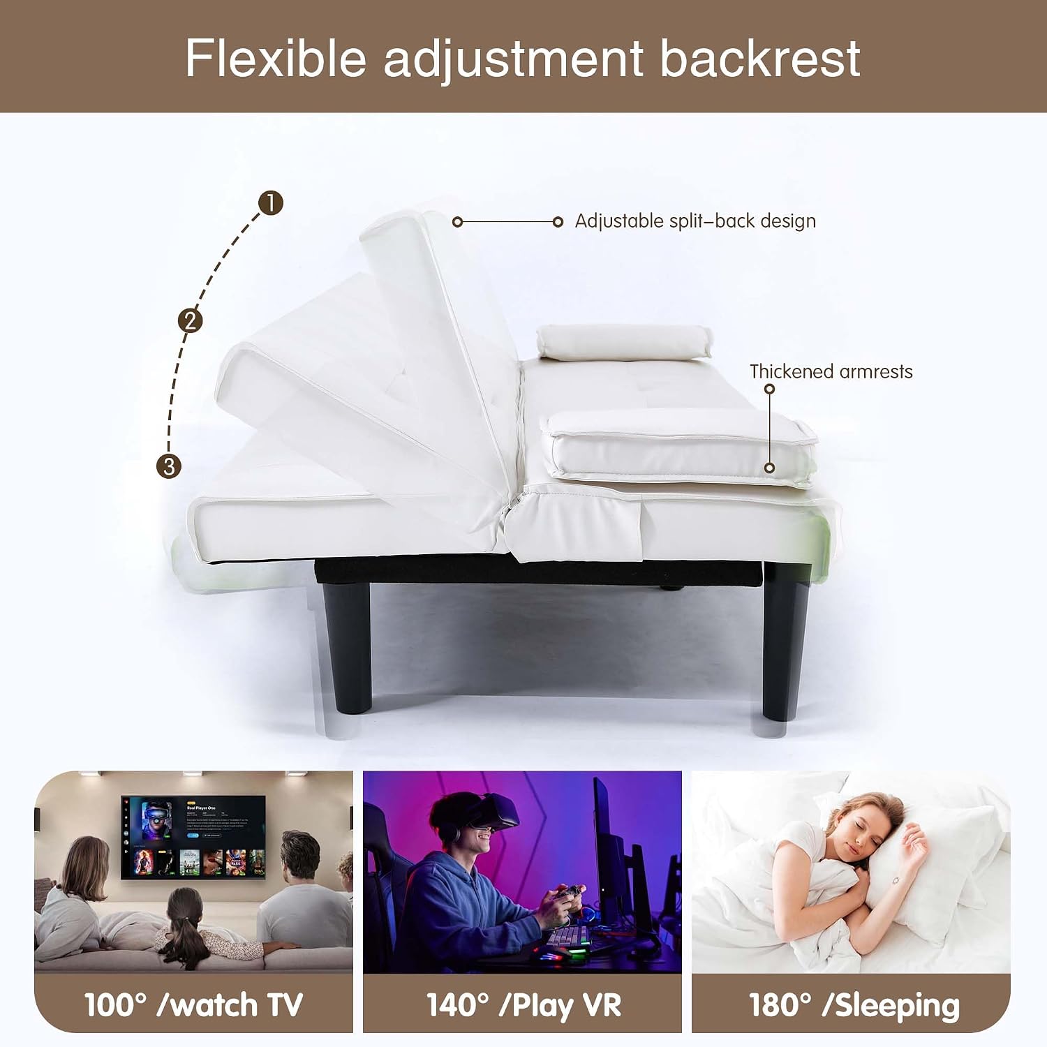 67' Futon Sofa Bed,Convertible Sofa Bed with 2 Cup Holders,Sleeper Couch PVC Leather Removable Soft Armrest Small Couch for Living Room Apartments ﻿ (White)