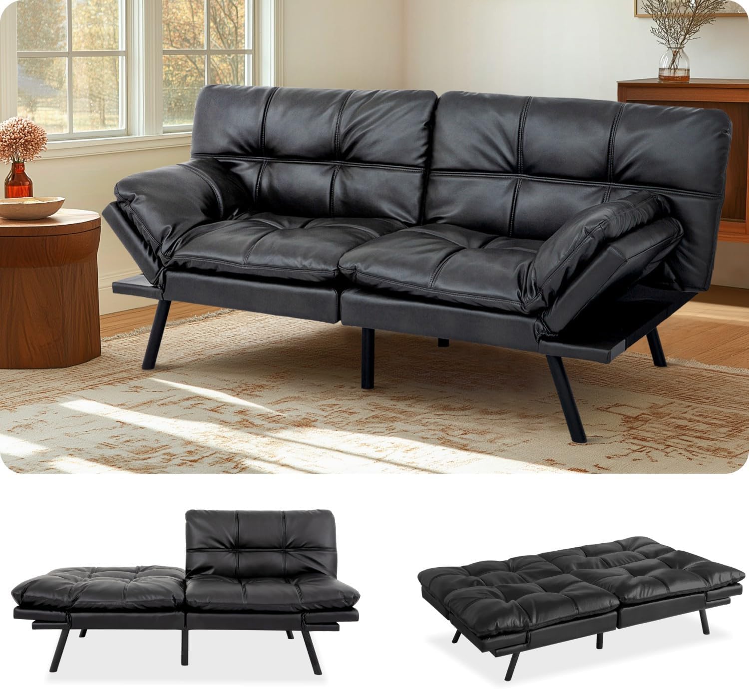MUUEGM Futon Sofa Bed Convertible Futon Couch Bed Memory Foam Sofa Sleeper,Adjustable Armrest&Backrest Full Size Lounge Couch for Office Apartment Living Room,Matte Black