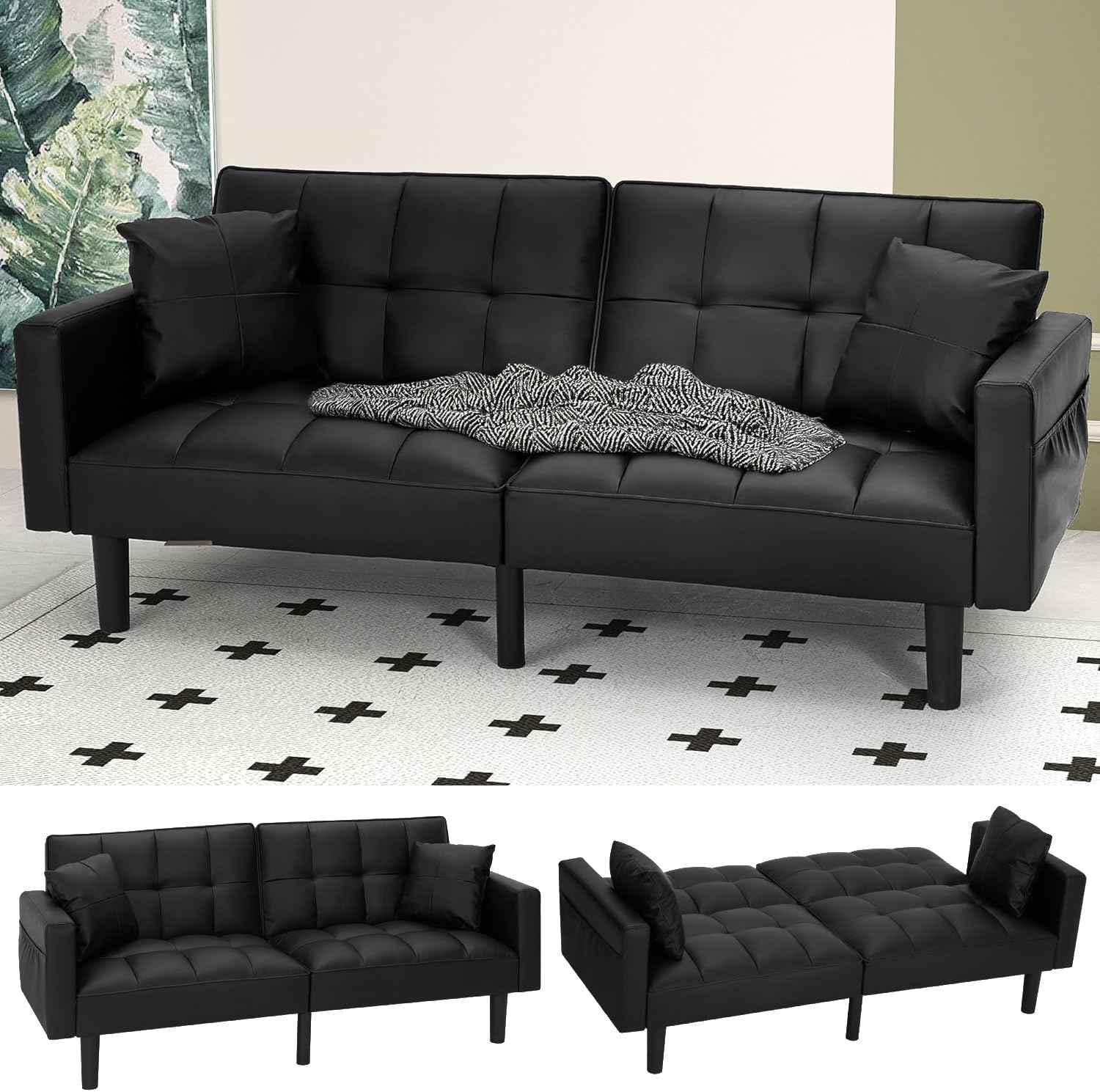ECOTOUGE Futon Sofa Bed, 74' Convertible Sofa Bed with Adjustable Backrest Modern Loveseat Sleeper Sofa with 2 Pillow & Side Pockets Faux Leather Futon Couch for Living Room, Bedroom, Office, Black