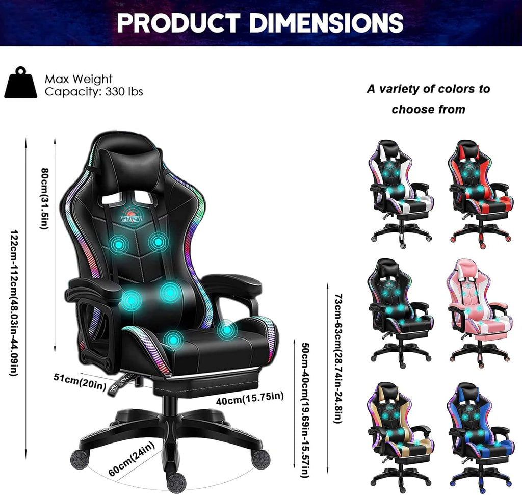 Computer Gaming Chair with LED Lights and Speakers PU Leather Office Chair with Lumbar Pillow Support and Footrest, Massage Gamer Chair High Back Video Game Chair for Adult Teens,Pink