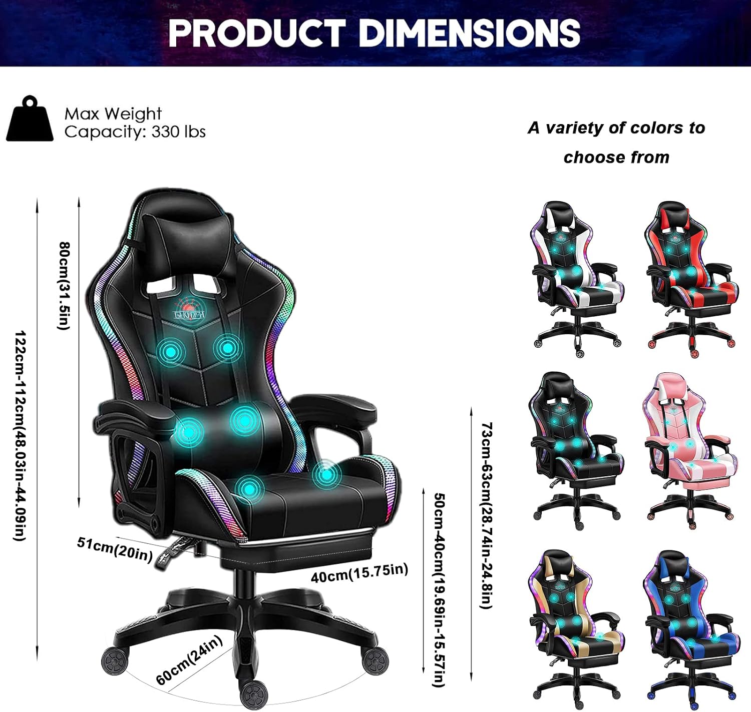 Computer Gaming Chair with LED Lights and Speakers PU Leather Office Chair with Lumbar Pillow Support and Footrest, Massage Gamer Chair High Back Video Game Chair for Adult Teens,Red