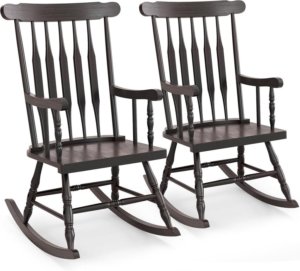 Tangkula Patio Rocking Chair Solid Rubber Wood, Outdoor Porch Rocker Chair with Rubber Wood Frame, Indoor Wooden Rocking Chair, Ideal for Garden, Backyard & Balcony (2, Espresso)