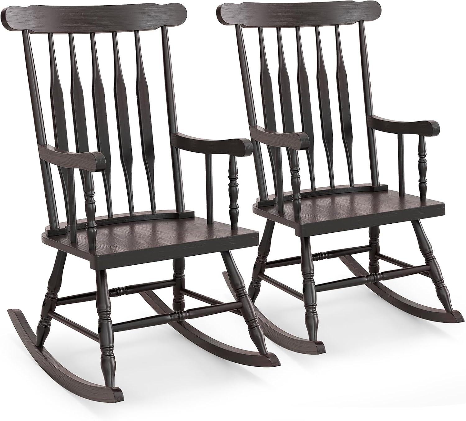 Tangkula Patio Rocking Chair Solid Rubber Wood, Outdoor Porch Rocker Chair with Rubber Wood Frame, Indoor Wooden Rocking Chair, Ideal for Garden, Backyard & Balcony (2, Espresso)