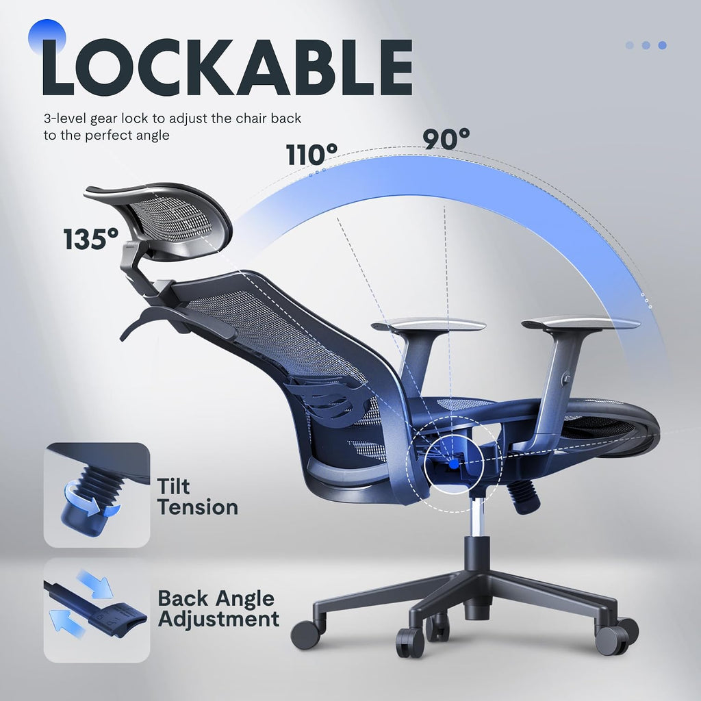 FLEXISPOT OC3 Air Ergonomic Office Chair Mesh Back Swivel Computer Chair Executive Office Desk Chairs with Adjustable Lumbar Support/2D Headrest/Lockable Backrest, Mesh Seat Cushion, Black