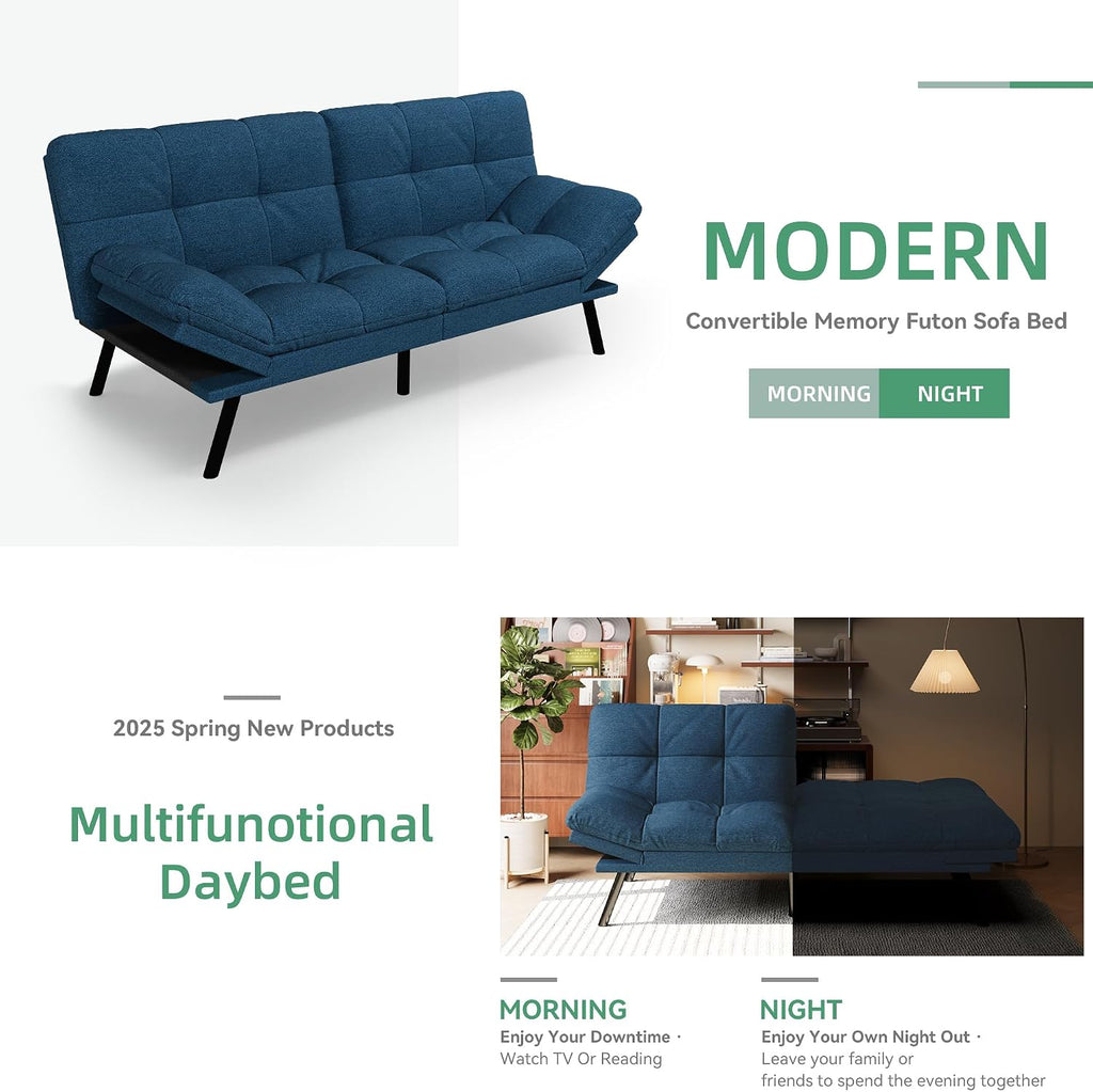 Opoiar Convertible Futon Sofa Bed,71' Memory Foam Futon Couch,Detachable Cushion,Adjustable Backrest & Armrest,Linen Modern Loveseat Sleeper Recliner for Living Room,Office,Apartment,Retro Blue